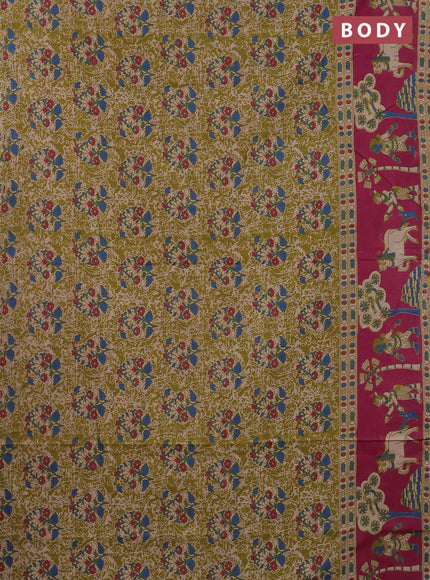 Kalamkari cotton saree mehendi green and pink with allover prints and printed border