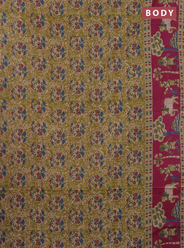 Kalamkari cotton saree mehendi green and pink with allover prints and printed border