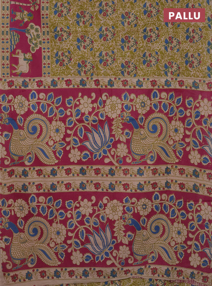 Kalamkari cotton saree mehendi green and pink with allover prints and printed border