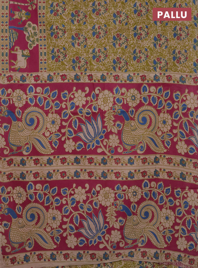 Kalamkari cotton saree mehendi green and pink with allover prints and printed border