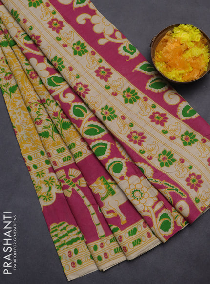 Kalamkari cotton saree yellow and pink with allover prints and printed border