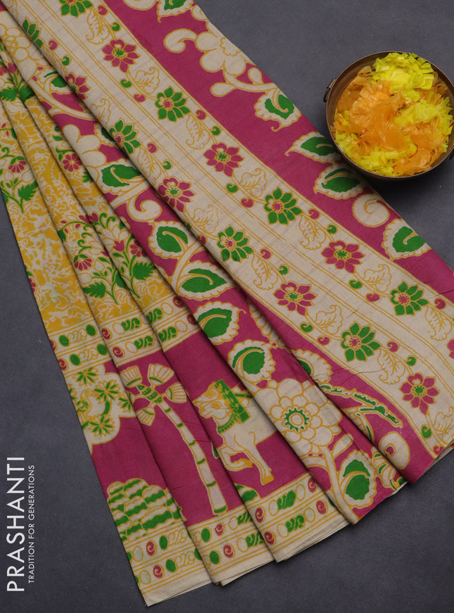 Kalamkari cotton saree yellow and pink with allover prints and printed border