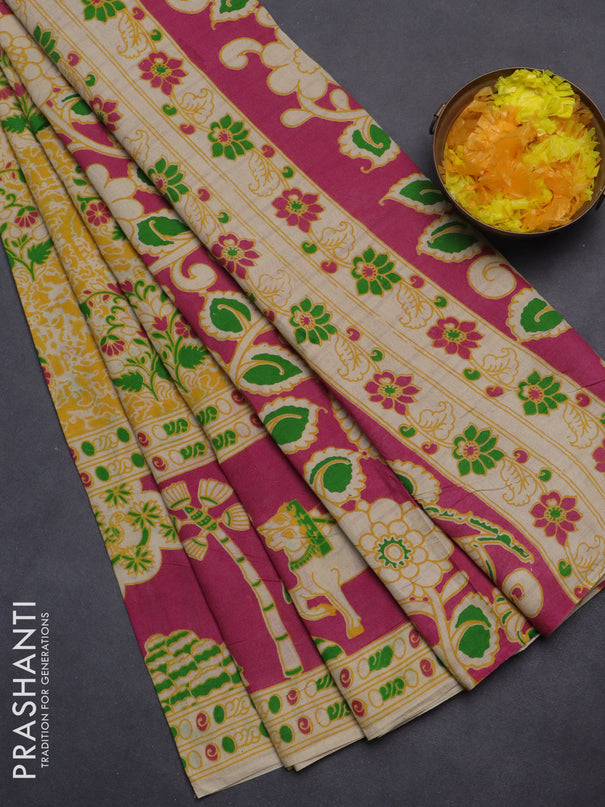 Kalamkari cotton saree yellow and pink with allover prints and printed border