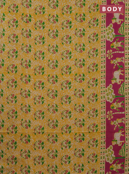 Kalamkari cotton saree yellow and pink with allover prints and printed border
