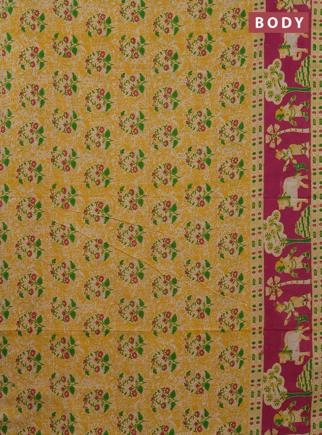 Kalamkari cotton saree yellow and pink with allover prints and printed border