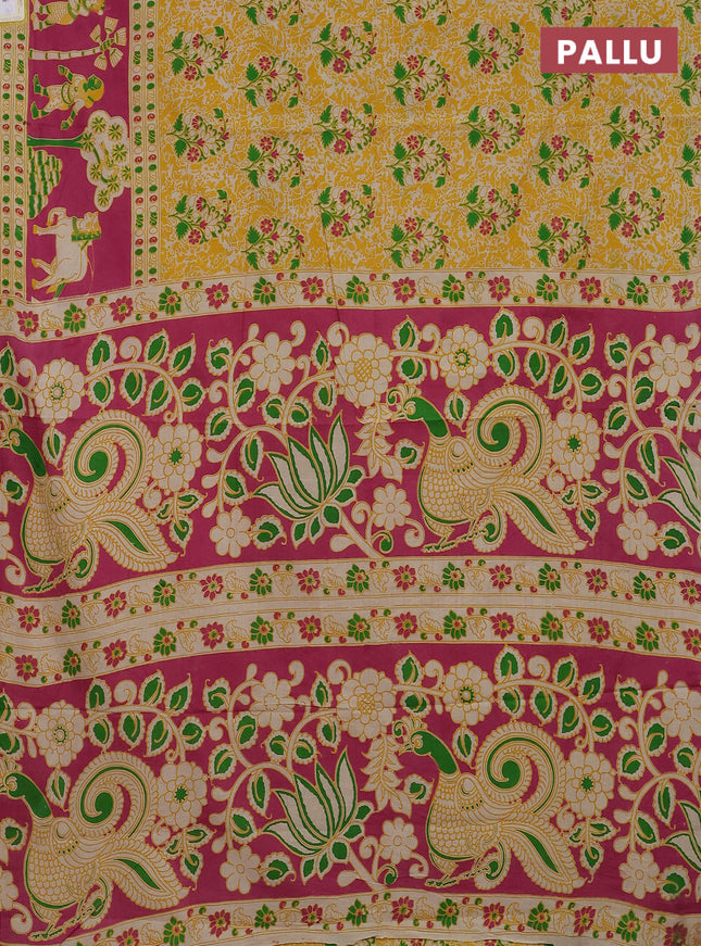 Kalamkari cotton saree yellow and pink with allover prints and printed border