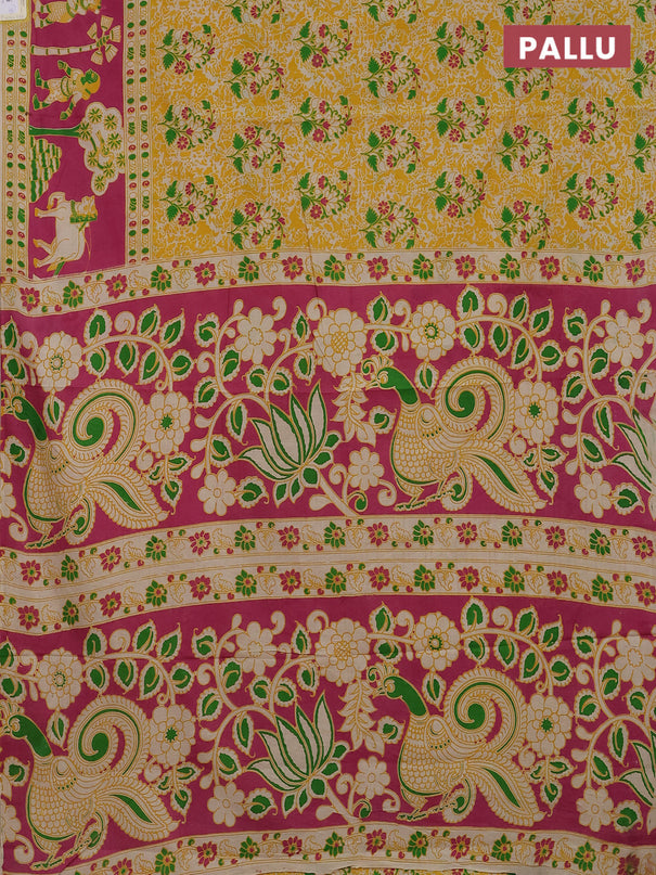 Kalamkari cotton saree yellow and pink with allover prints and printed border