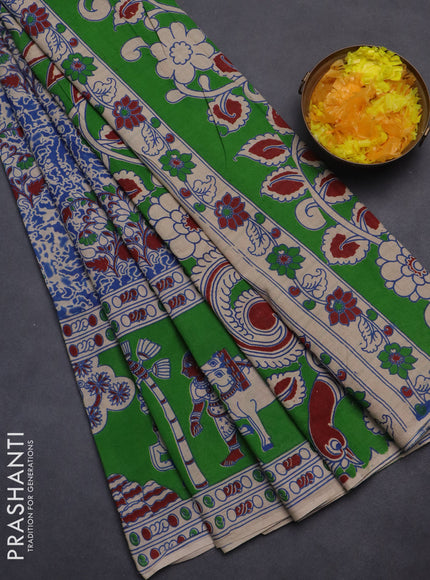Kalamkari cotton saree blue and green with allover prints and printed border