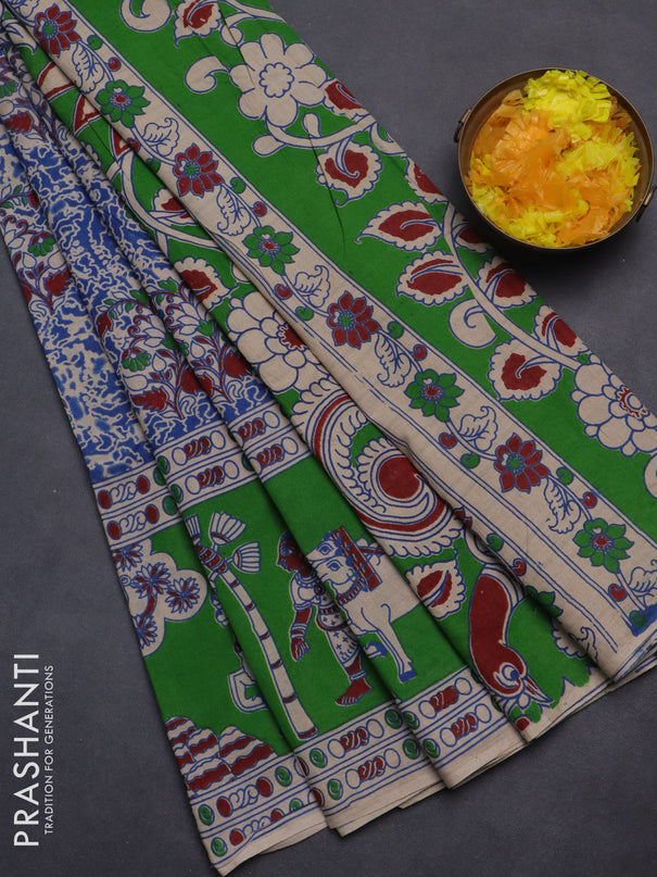 Kalamkari cotton saree blue and green with allover prints and printed border