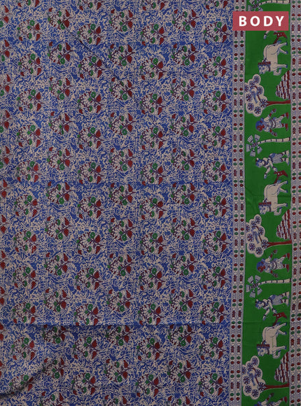Kalamkari cotton saree blue and green with allover prints and printed border