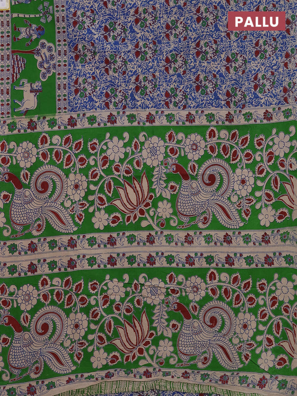 Kalamkari cotton saree blue and green with allover prints and printed border