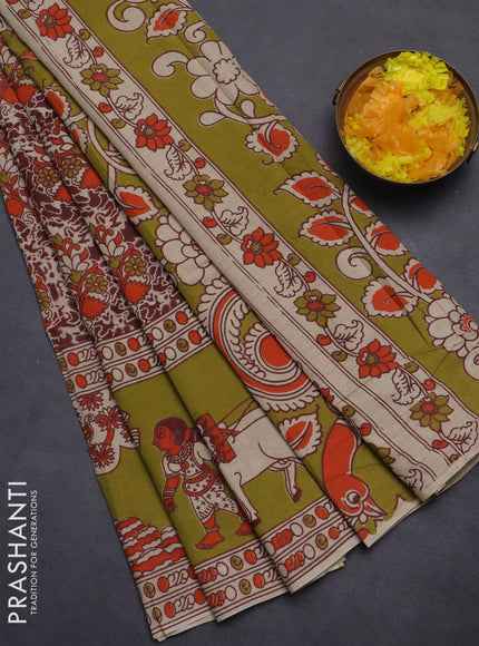 Kalamkari cotton saree maroon and mehendi green with allover prints and printed border