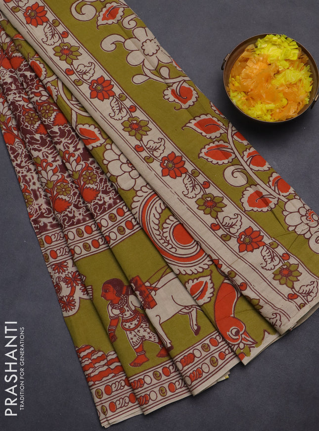Kalamkari cotton saree maroon and mehendi green with allover prints and printed border