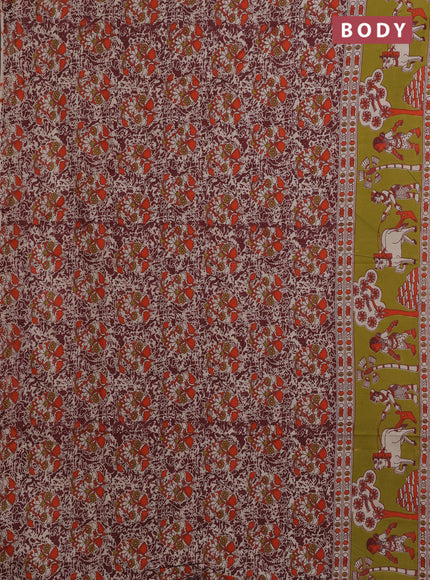 Kalamkari cotton saree maroon and mehendi green with allover prints and printed border