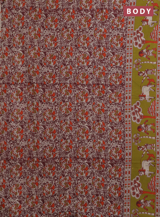 Kalamkari cotton saree maroon and mehendi green with allover prints and printed border
