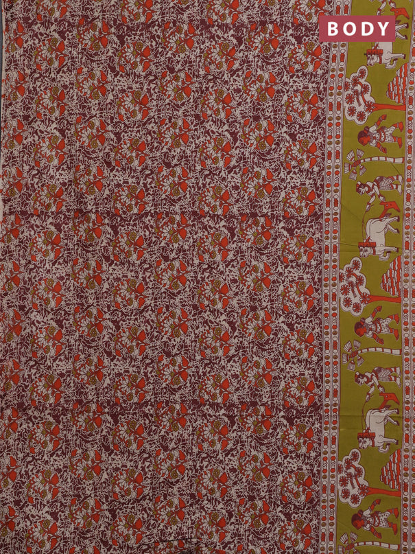 Kalamkari cotton saree maroon and mehendi green with allover prints and printed border