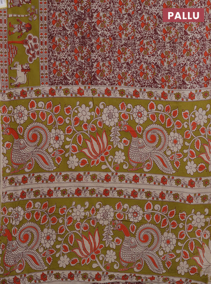 Kalamkari cotton saree maroon and mehendi green with allover prints and printed border