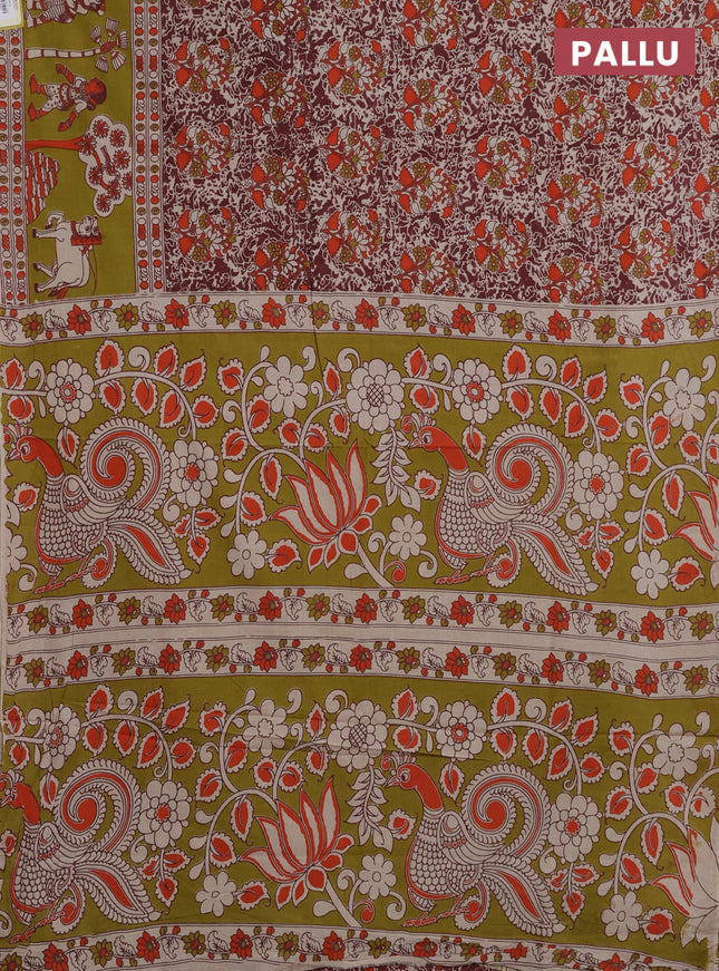 Kalamkari cotton saree maroon and mehendi green with allover prints and printed border