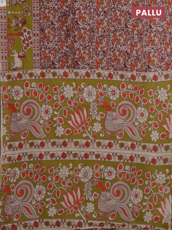 Kalamkari cotton saree maroon and mehendi green with allover prints and printed border