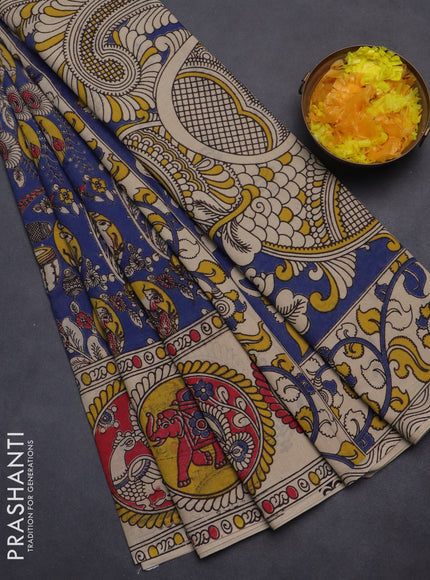 Kalamkari cotton saree blue and beige with allover prints and printed border