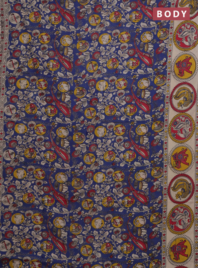 Kalamkari cotton saree blue and beige with allover prints and printed border