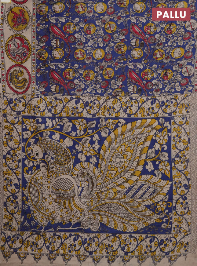 Kalamkari cotton saree blue and beige with allover prints and printed border