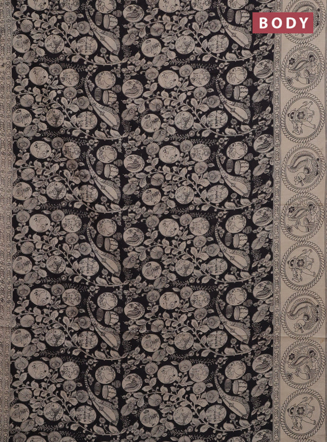 Kalamkari cotton saree black and beige with allover prints and printed border