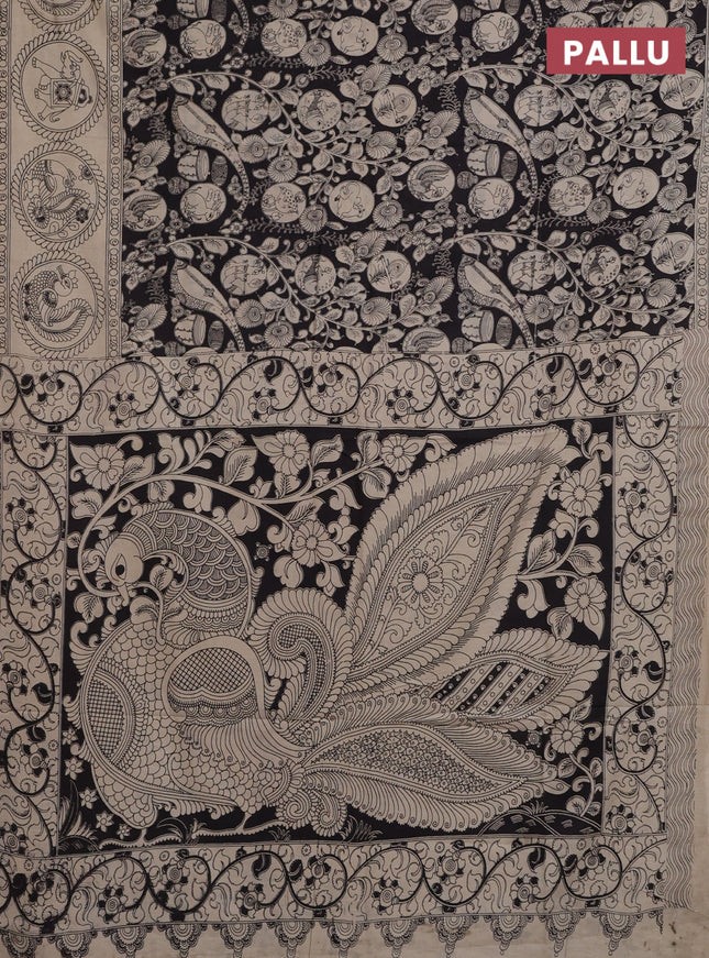 Kalamkari cotton saree black and beige with allover prints and printed border