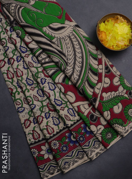 Kalamkari cotton saree beige and dark magenta pink with allover prints and printed border