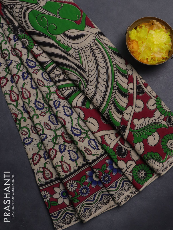 Kalamkari cotton saree beige and dark magenta pink with allover prints and printed border