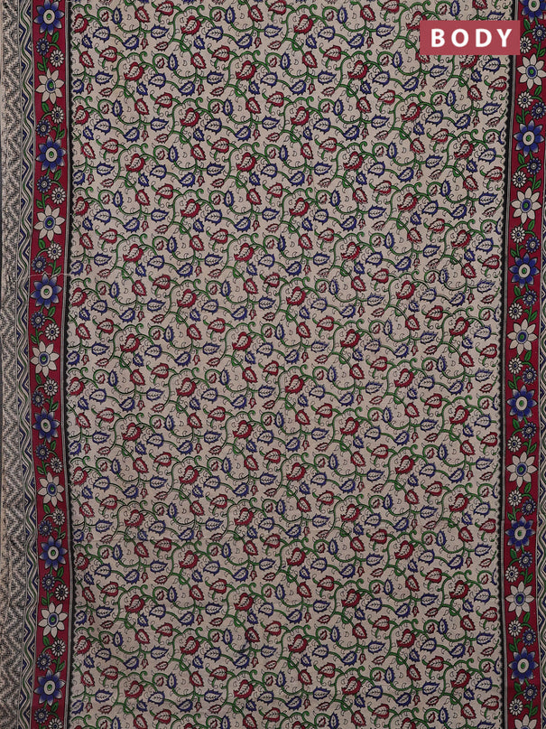 Kalamkari cotton saree beige and dark magenta pink with allover prints and printed border