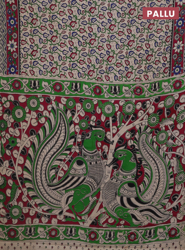 Kalamkari cotton saree beige and dark magenta pink with allover prints and printed border