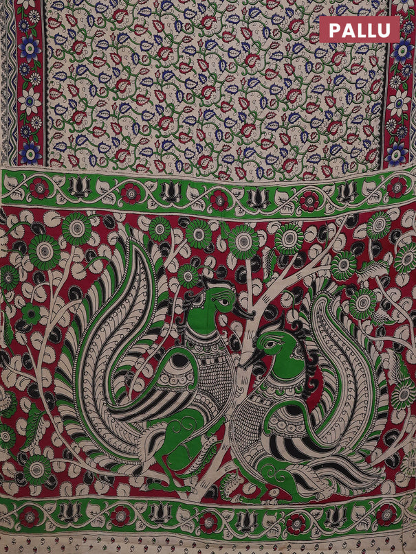 Kalamkari cotton saree beige and dark magenta pink with allover prints and printed border