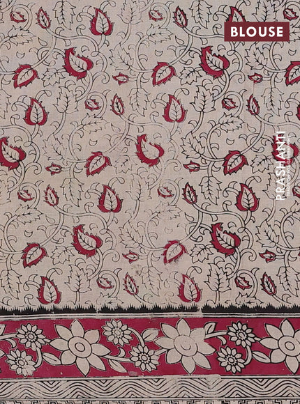 Kalamkari cotton saree beige and dark magenta pink with allover prints and printed border
