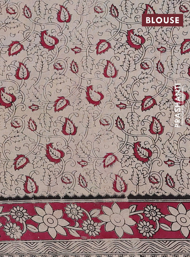 Kalamkari cotton saree beige and dark magenta pink with allover prints and printed border