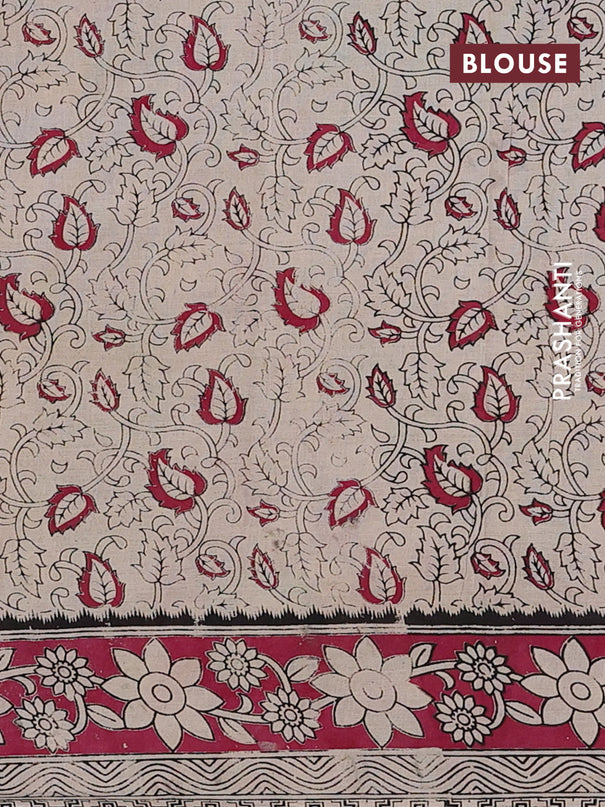 Kalamkari cotton saree beige and dark magenta pink with allover prints and printed border