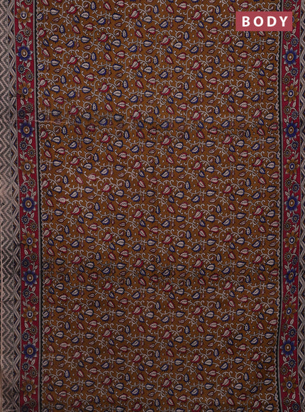 Kalamkari cotton saree dark mustard and pink with allover prints and printed border