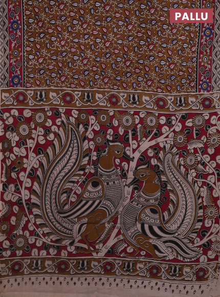 Kalamkari cotton saree dark mustard and pink with allover prints and printed border