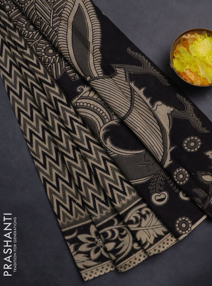 Kalamkari cotton saree grey and black with allover zig zag prints and printed border