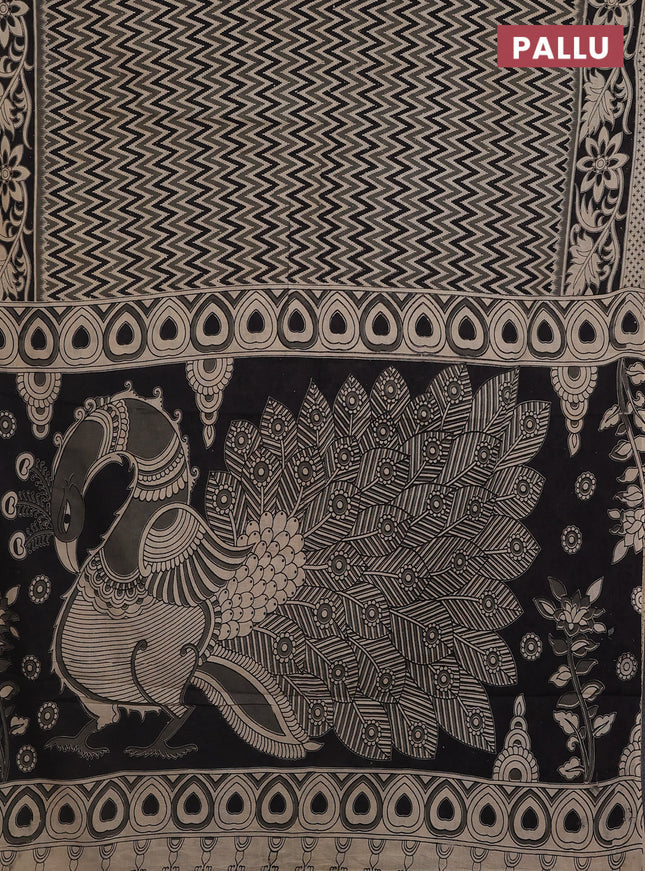 Kalamkari cotton saree grey and black with allover zig zag prints and printed border