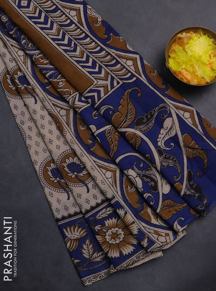 Kalamkari cotton saree beige and blue with butta prints and printed border