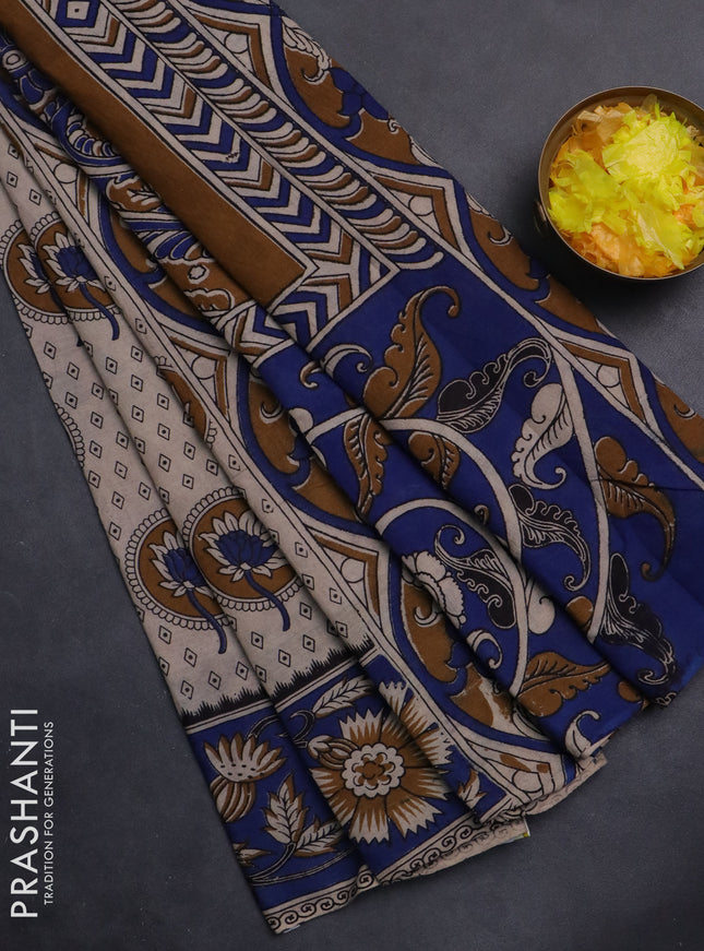 Kalamkari cotton saree beige and blue with butta prints and printed border
