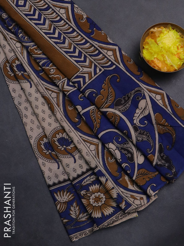 Kalamkari cotton saree beige and blue with butta prints and printed border