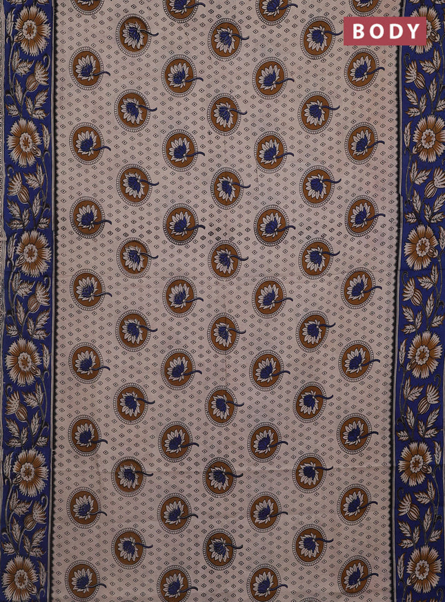 Kalamkari cotton saree beige and blue with butta prints and printed border