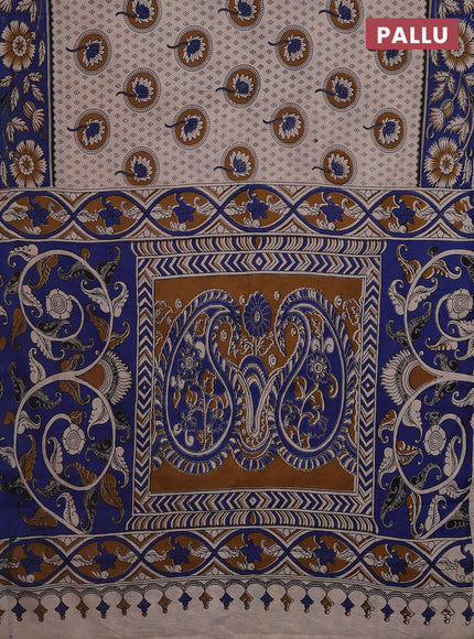 Kalamkari cotton saree beige and blue with butta prints and printed border