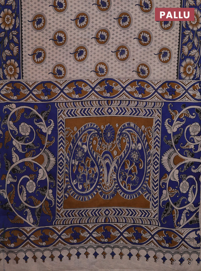 Kalamkari cotton saree beige and blue with butta prints and printed border