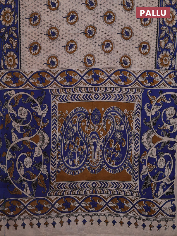 Kalamkari cotton saree beige and blue with butta prints and printed border
