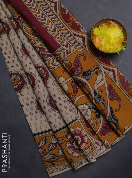 Kalamkari cotton saree beige and dark mustard with butta prints and printed border