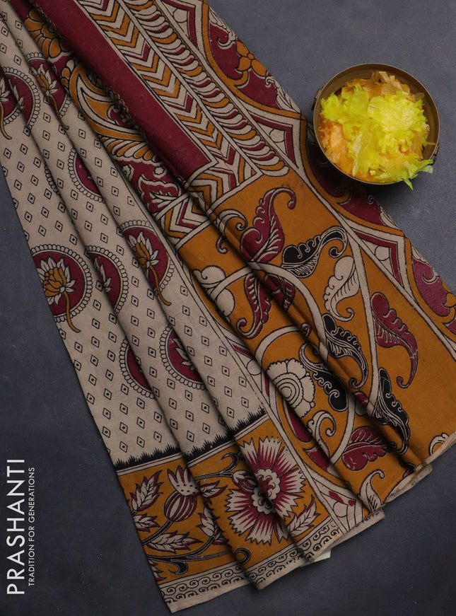 Kalamkari cotton saree beige and dark mustard with butta prints and printed border