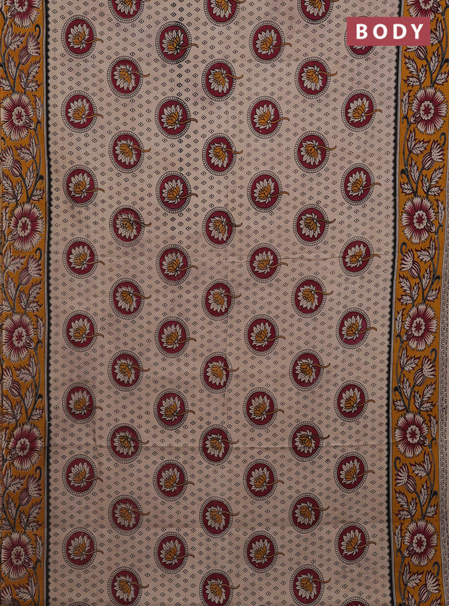Kalamkari cotton saree beige and dark mustard with butta prints and printed border